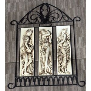 Vintage Greek Roman 3 Women Art Plaque Ornate Cast Iron Easel Frame
